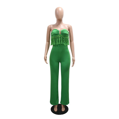 UNIKCOSA’s Fringe Bodycon Jumpsuit — Strapless Sleeveless One-Piece Streetwear