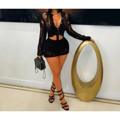 UNIKCOSA™ 2025 Summer Knitted Skirt Set – Sexy Hollow Long-Sleeve Collar Top & Mini Skirt | Women’s Streetwear Matching Outfit