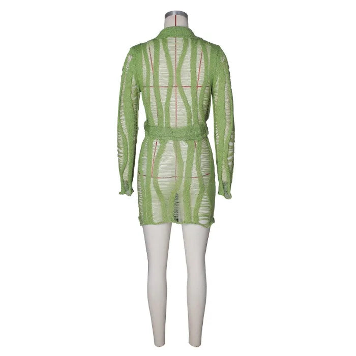 UNIKCOSA™ 2025 Summer Knitted Skirt Set – Sexy Hollow Long-Sleeve Collar Top & Mini Skirt | Women’s Streetwear Matching Outfit