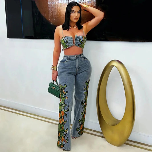 UNIKCOSA’s 2025 Floral Denim Set — Crop Top + Wide-Leg Jeans Streetwear Chic