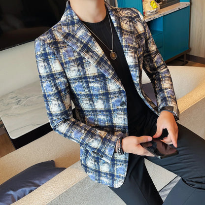UNIKCOSA Men’s Plaid Blazer – Slim Fit Two-Button Korean Luxury Suit Jacket (Autumn/Winter 2025)