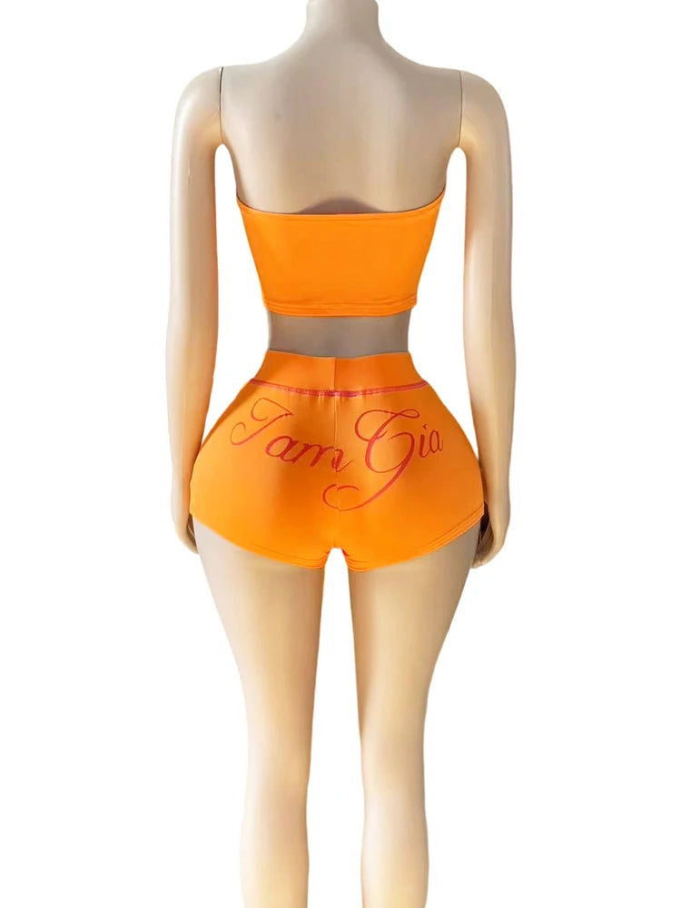 UNIKCOSA’s Bold Letter Print 2-Piece Set — Strapless Tube Top + Stretch Shorts