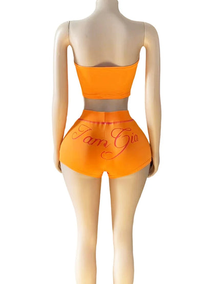 UNIKCOSA’s Bold Letter Print 2-Piece Set — Strapless Tube Top + Stretch Shorts