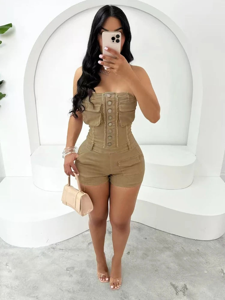 UNIKCOSA™ 2025 Party Strapless Playsuit – Sexy Sleeveless One-Piece Romper with Pockets | Women’s High-Waist Y2K Streetwear Outfit