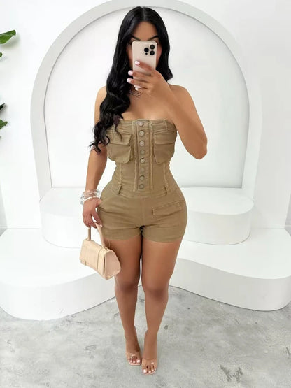 UNIKCOSA™ 2025 Party Strapless Playsuit – Sexy Sleeveless One-Piece Romper with Pockets | Women’s High-Waist Y2K Streetwear Outfit