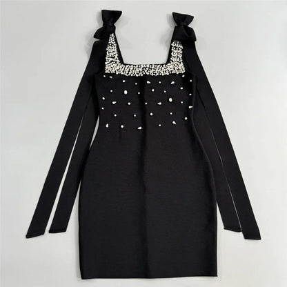 UNIKCOSA’s Crystal Square Collar Mini Dress — Sleeveless Black Bandage Bodycon Party Elegance