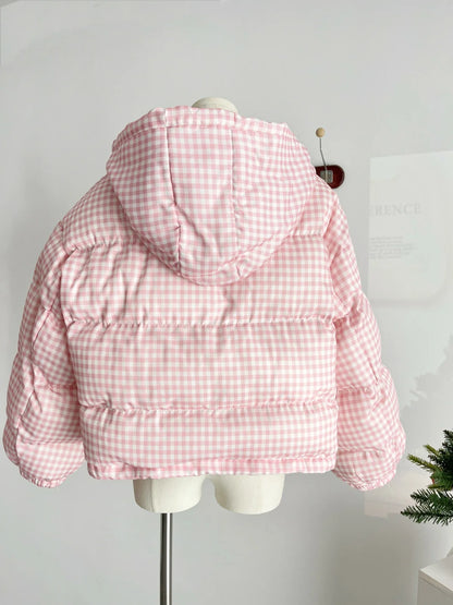 UNIKCOSA’s Lovely Pink & White Plaid Down Coat — Hooded Short Puffer Jacket