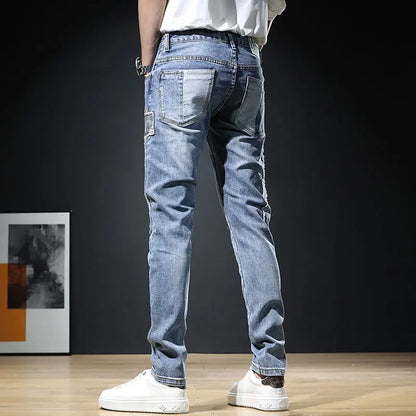 UNIKCOSA Men’s Embroidered Patchwork Jeans – Slim Fit Elastic Hip-Hop Denim Trousers (Autumn New Arrival)