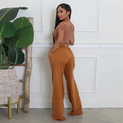 UNIKCOSA’s Distressed Tracksuit Set — U-Neck Crop Top + Wide-Leg Pants Elegance