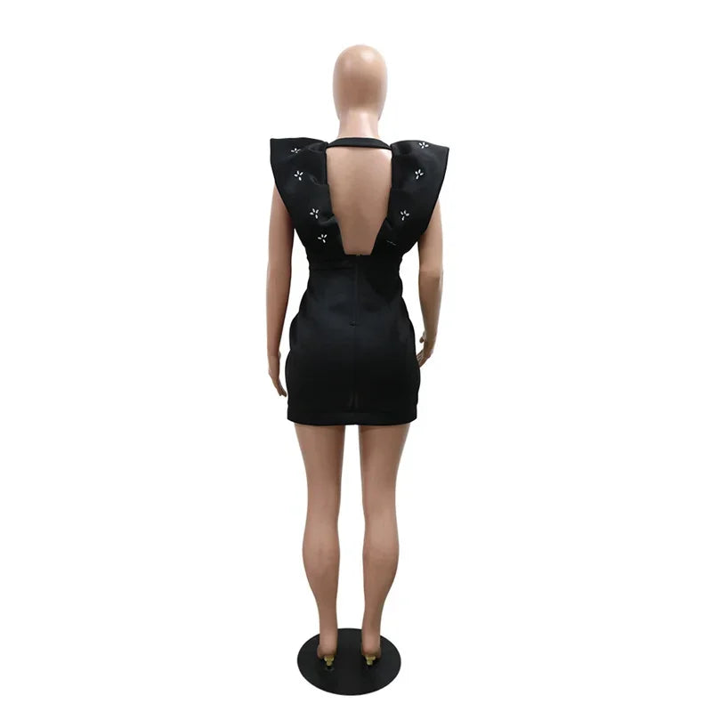 UNIKCOSA’s Rhinestone Ruched Mini Dress — Deep V Backless Party Glam with Flying Sleeves