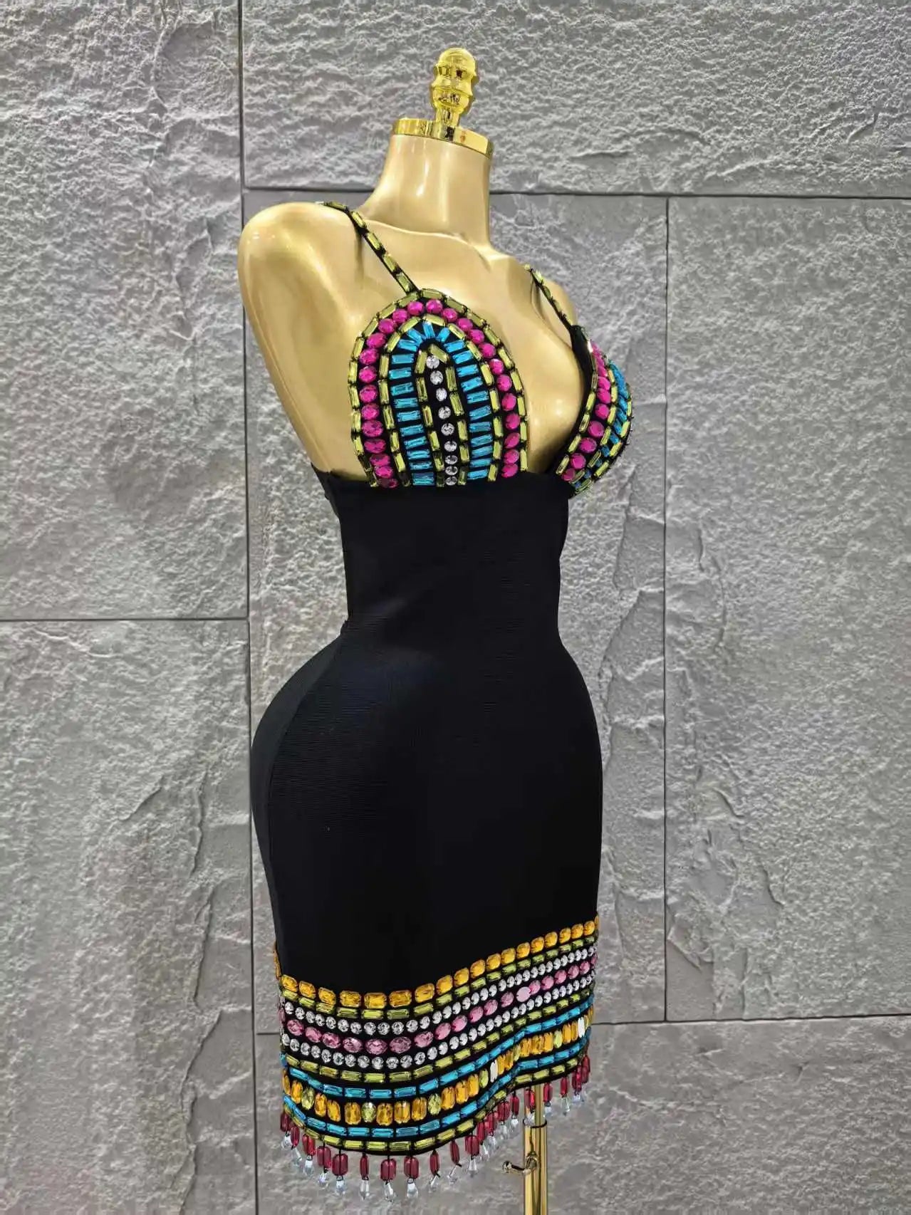 UNIKCOSA’s Crystal V-Neck Mini Dress — Black Bodycon Bandage with Colorful Sparkle