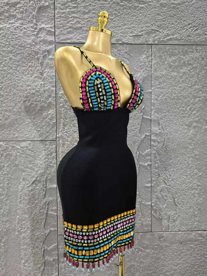 UNIKCOSA’s Crystal V-Neck Mini Dress — Black Bodycon Bandage with Colorful Sparkle