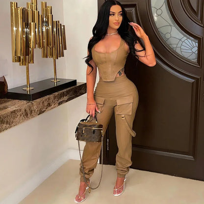 UNIKCOSA™ Luxe PU Faux Leather 2-Piece Set – Sexy Crop Top & Cargo Pants with Pockets | Women’s Clubwear Matching Outfit