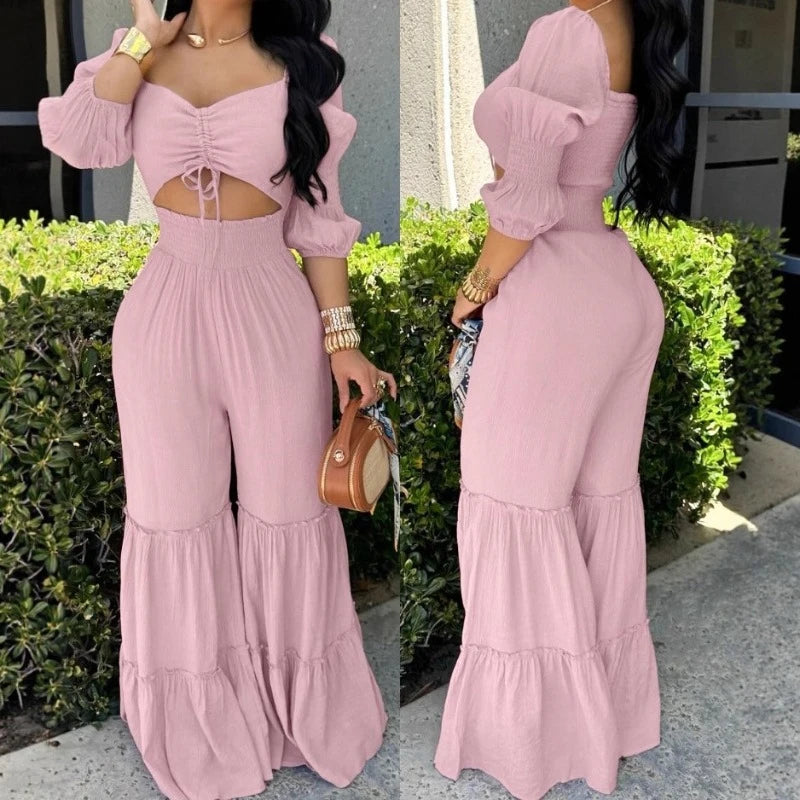 UNIKCOSA’s Elegant High-Waist Jumpsuit — Square Neck, Long Sleeve, Drawstring Shirred One-Piece
