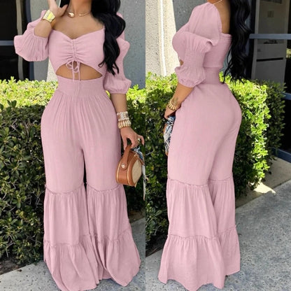 UNIKCOSA’s Elegant High-Waist Jumpsuit — Square Neck, Long Sleeve, Drawstring Shirred One-Piece