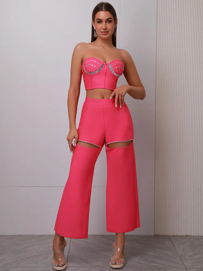 UNIKCOSA’s 2025 Pink Beaded Bandage Set — Strapless Backless Crop Top + Cut-Out Pants