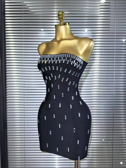 UNIKCOSA’s Crystal Strapless Bodycon Mini Dress — Shimmering Black Bandage Party Elegance