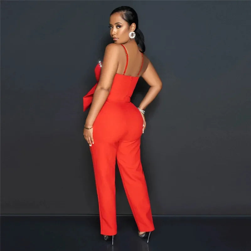 UNIKCOSA’s Glam Rhinestone Bow Jumpsuit — Spaghetti Strap, Deep V-Neck, Straight-Leg Party Elegance