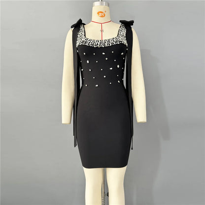 UNIKCOSA’s Crystal Square Collar Mini Dress — Sleeveless Black Bandage Bodycon Party Elegance