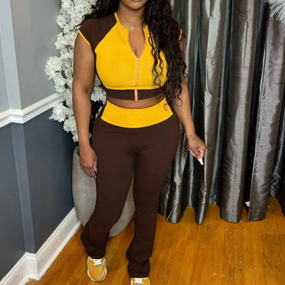UNIKCOSA’s Color Block Streetwear Set — Short-Sleeve Zip Crop Top + High-Waist Pants