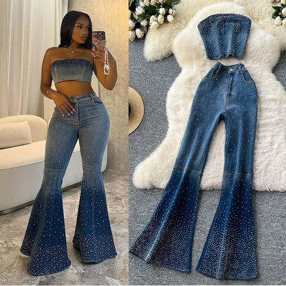 UNIKCOSA™ Diamond Denim 2-Piece Set – Sleeveless Crop Top & High-Waist Flare Pants | Sexy Slim Fit Women’s Matching Outfit