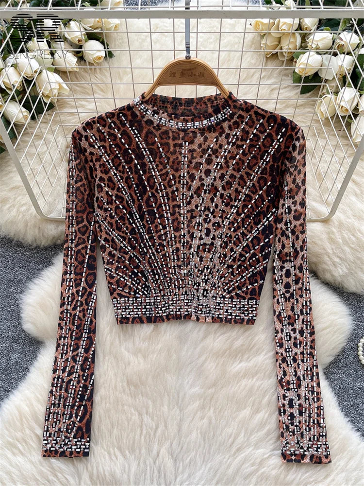 UNIKCOSA’s 2025 Beaded Mesh Crop Top — Long Sleeve O-Neck High Street Fashion Tee