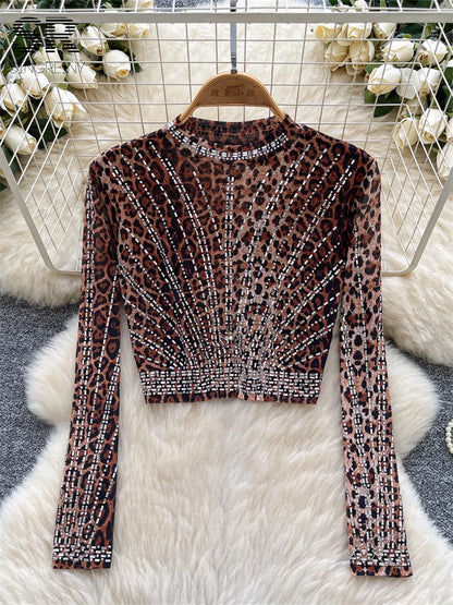 UNIKCOSA’s 2025 Beaded Mesh Crop Top — Long Sleeve O-Neck High Street Fashion Tee