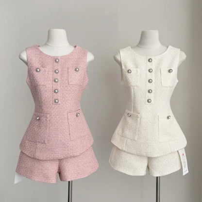 UNIKCOSA’s French Tweed 2-Piece Set — Sleeveless Vest Top + High-Waist Shorts