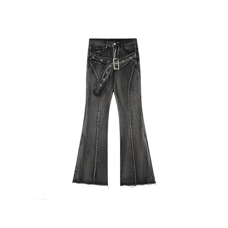UNIKCOSA’s Retro Micro-Flare Jeans — Slim Straight Pants with Belt & Bristled Detail