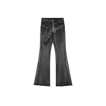 UNIKCOSA’s Retro Micro-Flare Jeans — Slim Straight Pants with Belt & Bristled Detail