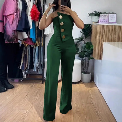UNIKCOSA™ 2025 Summer Elegant Strapless Jumpsuit – Sexy Button-Decor Wide-Leg One-Piece | Women’s Sleeveless Streetwear Outfit
