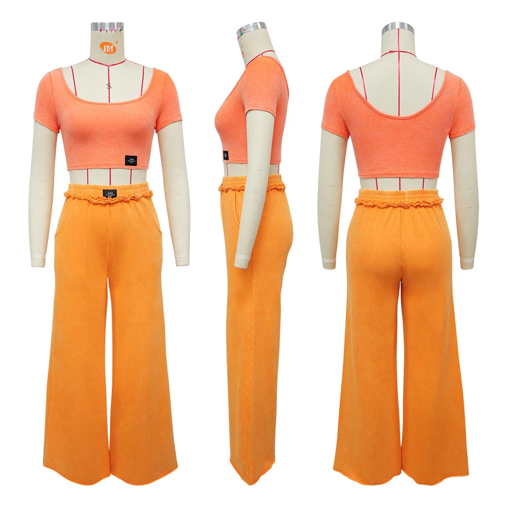 UNIKCOSA’s Distressed Tracksuit Set — U-Neck Crop Top + Wide-Leg Pants Elegance