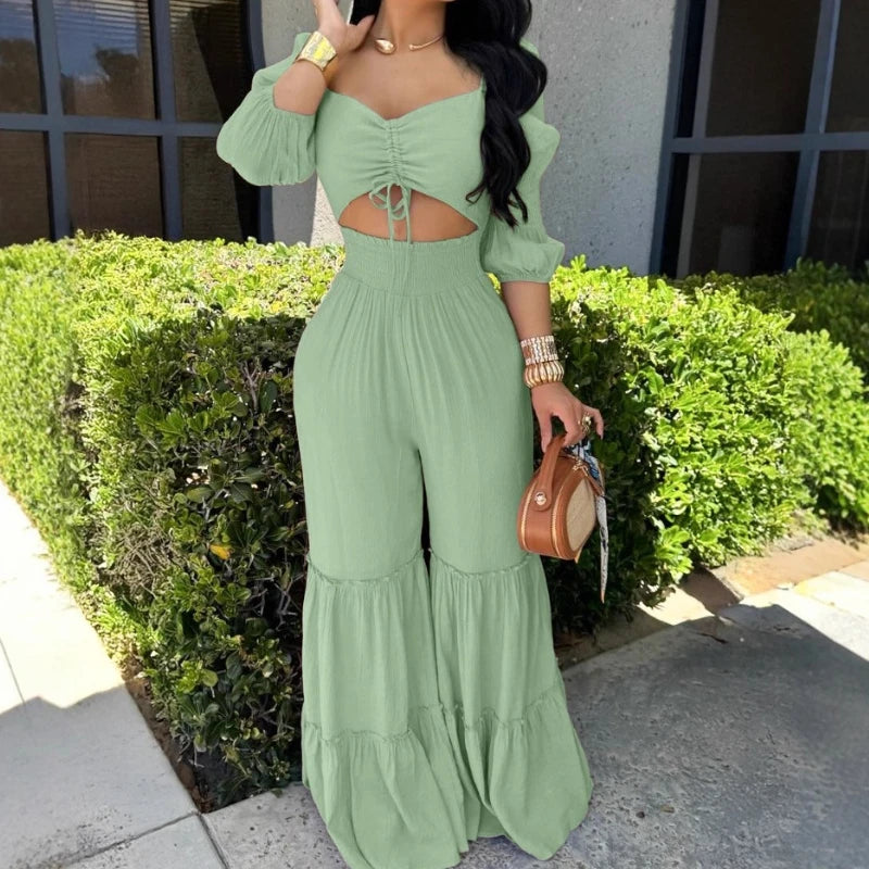 UNIKCOSA’s Elegant High-Waist Jumpsuit — Square Neck, Long Sleeve, Drawstring Shirred One-Piece