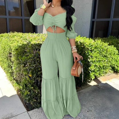 UNIKCOSA’s Elegant High-Waist Jumpsuit — Square Neck, Long Sleeve, Drawstring Shirred One-Piece