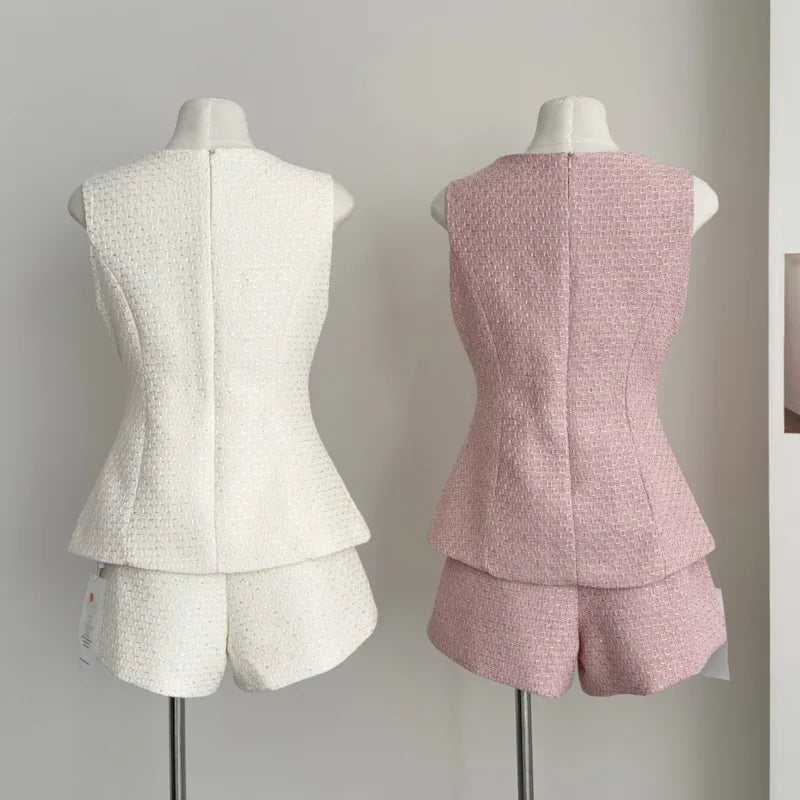 UNIKCOSA’s French Tweed 2-Piece Set — Sleeveless Vest Top + High-Waist Shorts