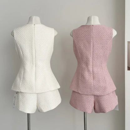 UNIKCOSA’s French Tweed 2-Piece Set — Sleeveless Vest Top + High-Waist Shorts