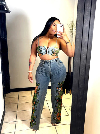 UNIKCOSA’s 2025 Floral Denim Set — Crop Top + Wide-Leg Jeans Streetwear Chic