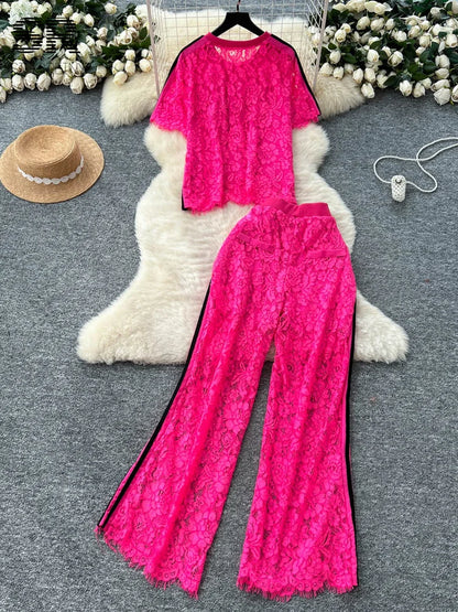 UNIKCOSA’s Summer Crochet Lace Set — Chic Short-Sleeve Top + Wide-Leg Pants 2-Piece