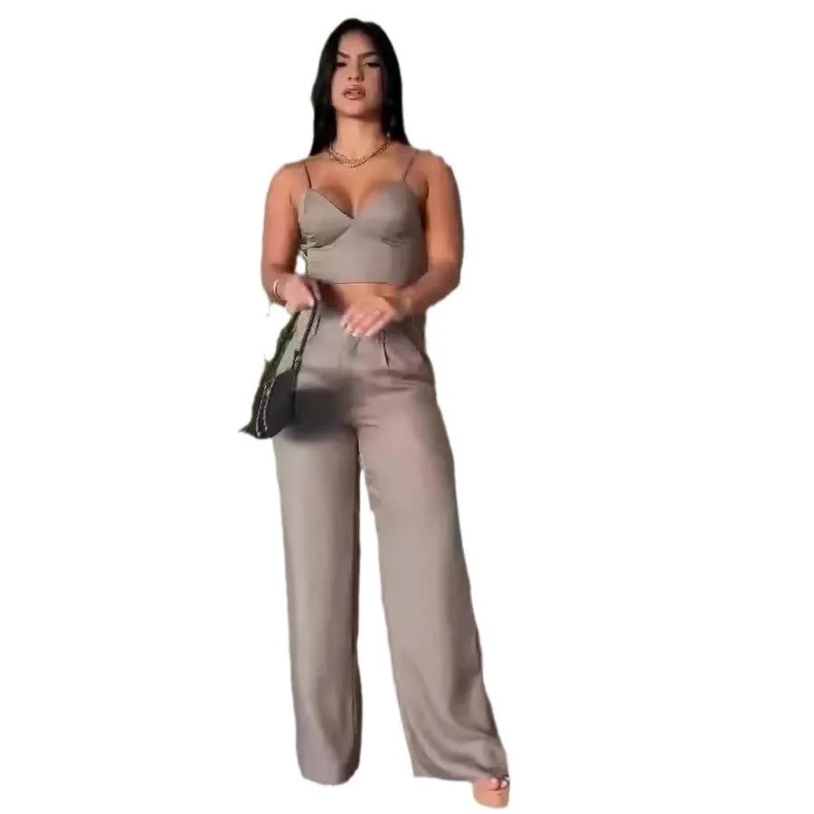 UNIKCOSA™ Elegant 2-Piece Pant Set – Sexy Sleeveless V-Neck Crop Top & High-Waist Wide-Leg Pants | Women’s Slim Fit Matching Outfit