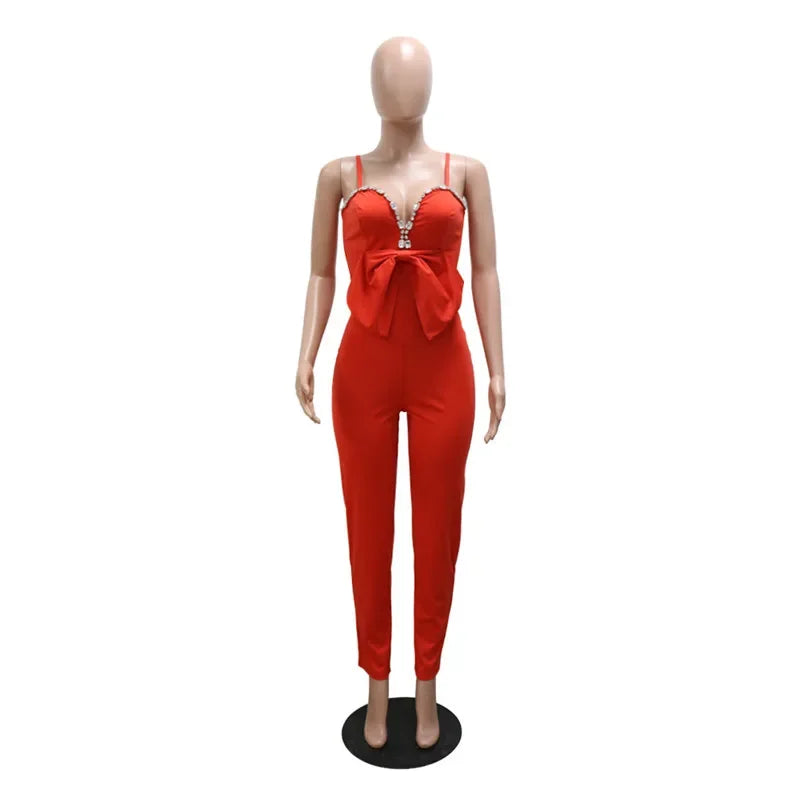 UNIKCOSA’s Glam Rhinestone Bow Jumpsuit — Spaghetti Strap, Deep V-Neck, Straight-Leg Party Elegance