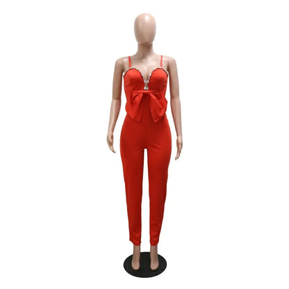 UNIKCOSA’s Glam Rhinestone Bow Jumpsuit — Spaghetti Strap, Deep V-Neck, Straight-Leg Party Elegance