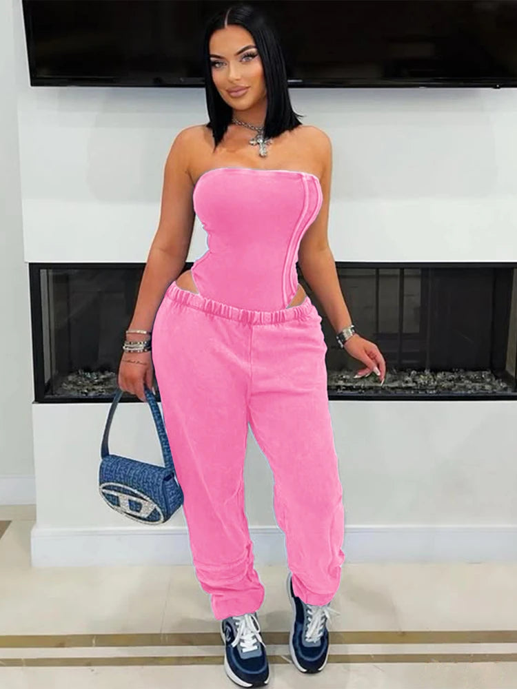 UNIKCOSA’s 2025 Strapless Tracksuit Set — Cotton Washed Bodysuit + Jogger Pants