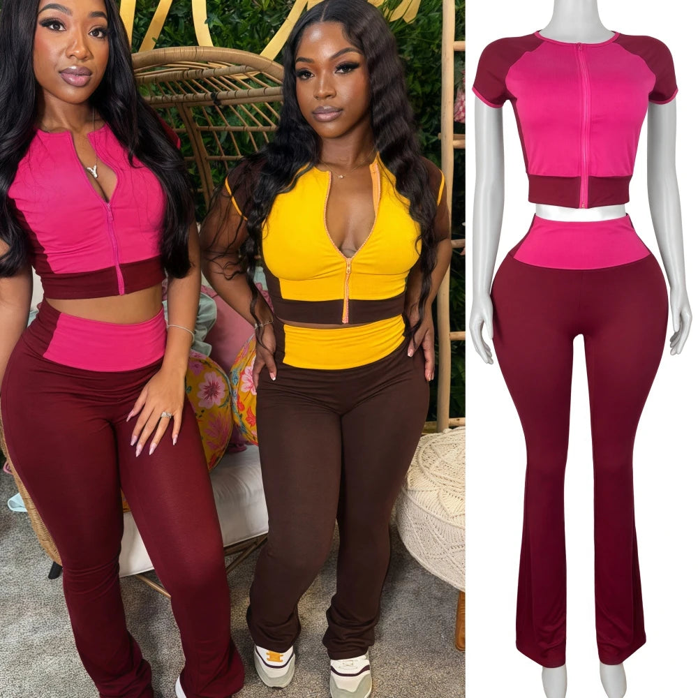 UNIKCOSA’s Color Block Streetwear Set — Short-Sleeve Zip Crop Top + High-Waist Pants