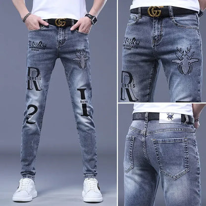 UNIKCOSA Men’s Washed Graphic Jeans – Slim Fit Stretch Streetwear Hip-Hop Trousers (Spring/Autumn Edition)
