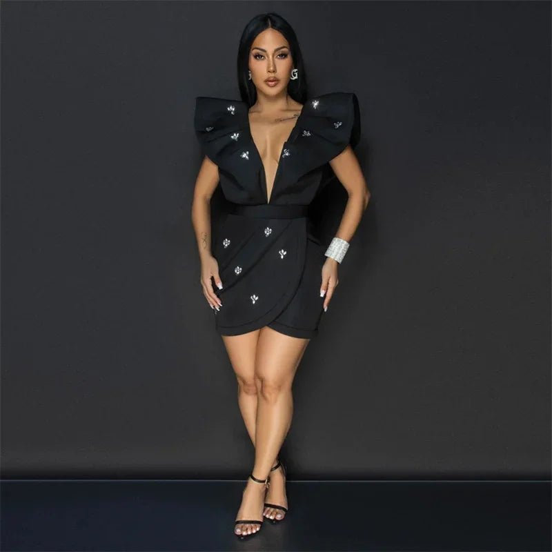 UNIKCOSA’s Rhinestone Ruched Mini Dress — Deep V Backless Party Glam with Flying Sleeves