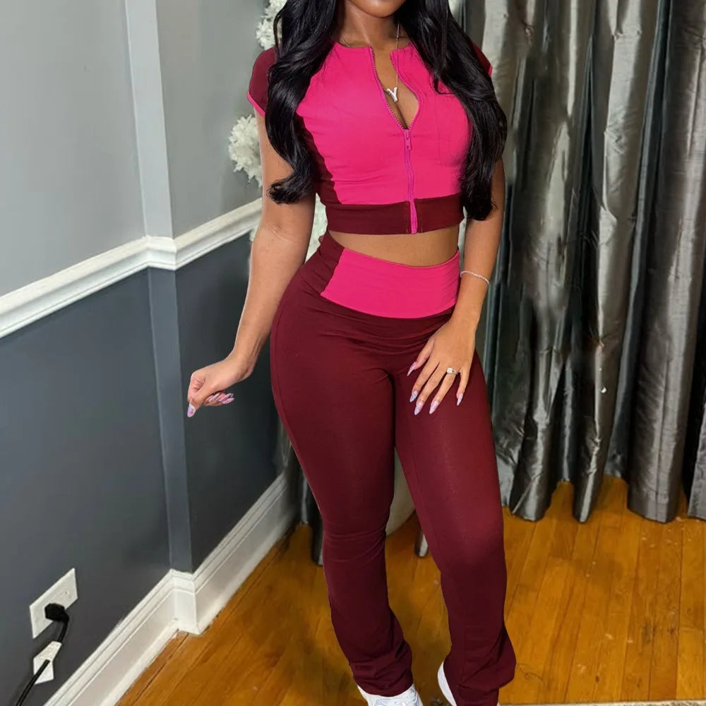UNIKCOSA’s Color Block Streetwear Set — Short-Sleeve Zip Crop Top + High-Waist Pants