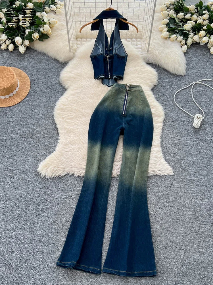 UNIKCOSA’s Retro Denim 2-Piece Set — Halter Crop Top + Lace-Up Skinny Jeans