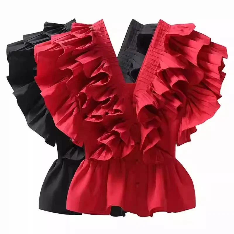 UNIKCOSA’s 2025 Ruffle V-Neck Blouse — Cascading Hem Summer Chic Top
