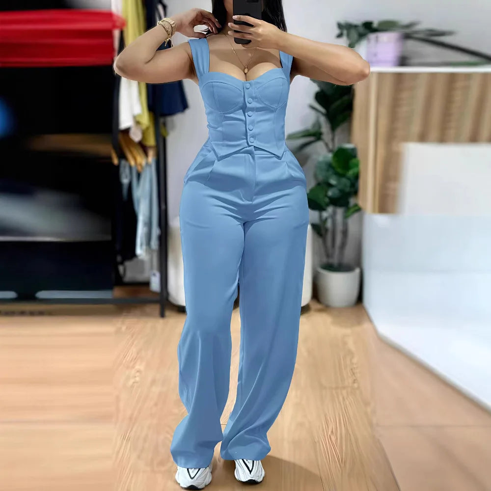 UNIKCOSA™ Elegant Y2K 2-Piece Pant Set – Sexy Sling Crop Top & Wide-Leg High-Waist Pants | Women’s Streetwear Matching Outfit