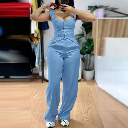 UNIKCOSA™ Elegant Y2K 2-Piece Pant Set – Sexy Sling Crop Top & Wide-Leg High-Waist Pants | Women’s Streetwear Matching Outfit